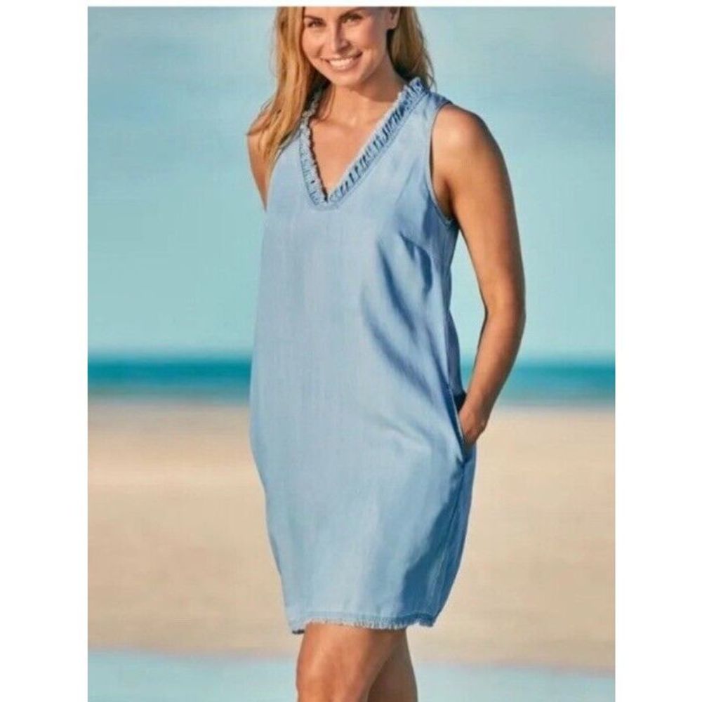 Tommy bahama Chambray Ruffle Dress Medium New Mini Dress Beach Sleeveless Womens - Picture 2 of 8